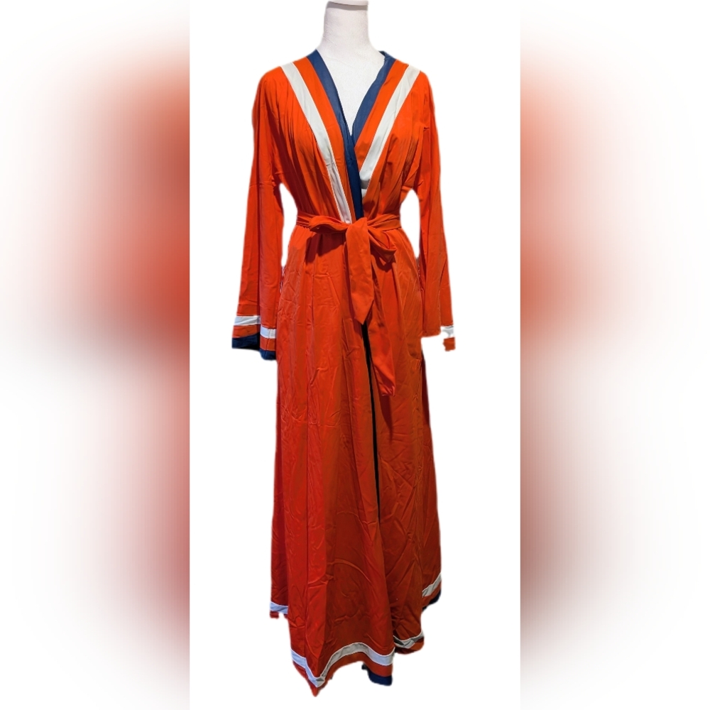 Vintage 1970s Vanity Fair Sz L Orange Striped Polyester Full Length Robe Pockets